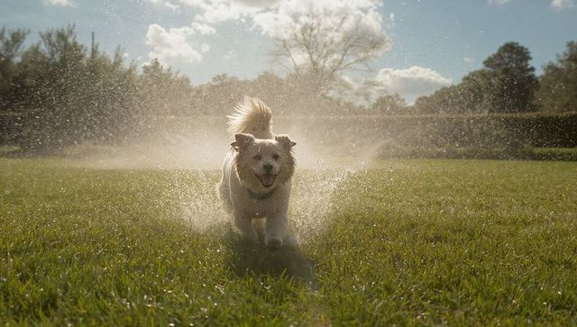 Cream fluffy dog charging through sprinkler spray on sunlit lawn, joyful run
