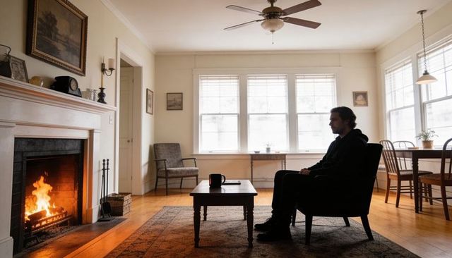 Man sitting by warm lit fireplace in cozy minimalist living room with mug on wooden table