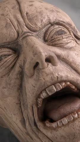 Shifting Light Revealing Sculpted Humanoid Head Showing Tongue and Deep Wrinkles