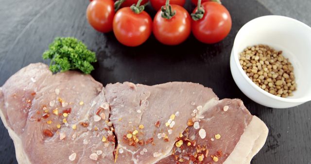 Freshly Seasoned Raw Steak with Tomatoes and Pine Nuts - Download Free Stock Images Pikwizard.com