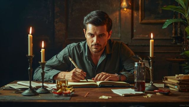 Man Writing in Candlelit Study with Vintage Ambiance