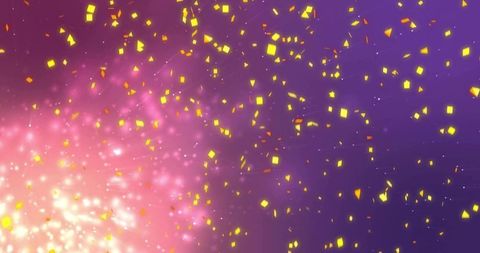 Drifting golden confetti over purple-pink gradient with luminous spark burst