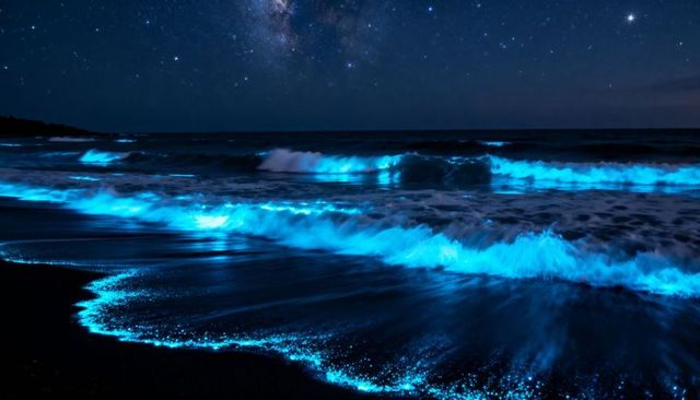 Glowing Bioluminescent Waves Rolling on Black Sand Under Milky Way Night Sky