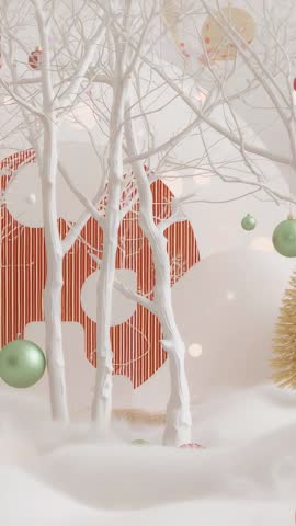 Vertical Winter Display: White Tree Trunks with Floating Red and Green Ornaments, Minimal Loop