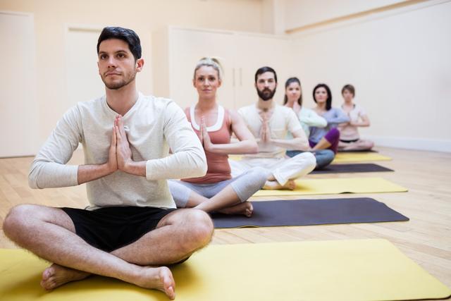 People are sitting on yoga mats in a fitness studio, practicing the lotus position. This image can be used for promoting yoga classes, wellness programs, fitness centers, or meditation workshops. It highlights the concepts of group exercise, relaxation, and a healthy lifestyle.