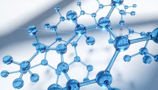 Blue molecular network forming glossy glass bonds and glowing translucent atomic nodes