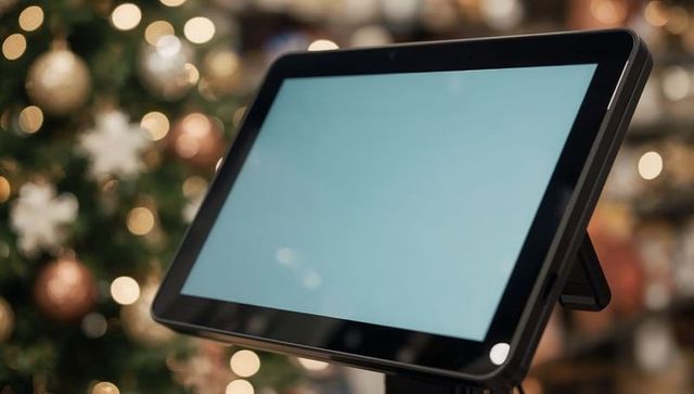 Retail checkout tablet with blank blue screen at festive store counter with bokeh lights