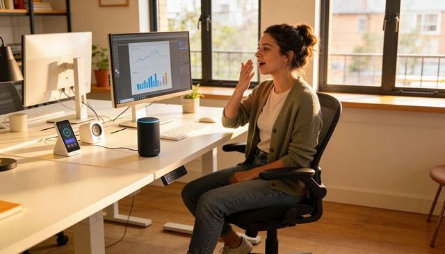 Young professional speaking to smart speaker while reviewing analytics on monitor in sunlit office
