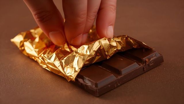 Unwrapping dark chocolate bar from gold foil wrapper with fingers closeup luxury snack
