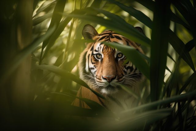 A captivating depiction of a tiger nestled within dense jungle foliage, focusing intently on something in the distance. Ideal for use in wildlife conservation campaigns, educational materials about big cats, wallpapers, or nature-themed publications.