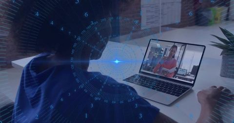 Remote collaboration via laptop video call with blue HUD analytics overlay