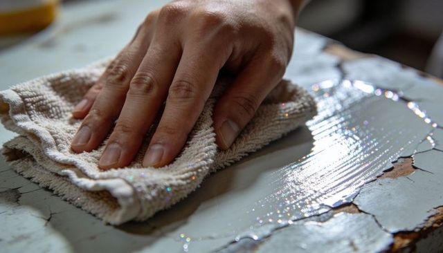 Right hand wiping weathered blue-gray painted wood with terry cloth and water sparkle