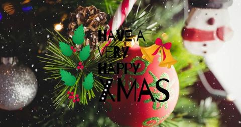 Festive Red Bauble and Candy Cane on Christmas Tree with Snowman Ornament