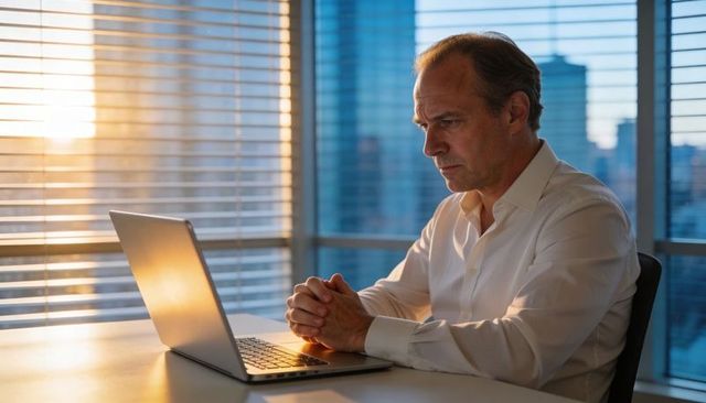 Mature businessman working late on laptop in sunlit high-rise office at golden hour