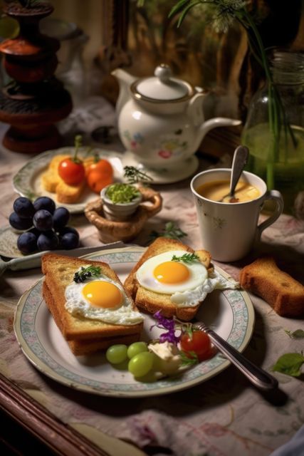 Perfect for representing a healthy start to the day, this image features a breakfast spread with fried eggs on toast, fresh fruit including grapes and tomatoes, and a hot drink in a beautiful setting. Ideal for use in food blogs, breakfast menu advertisements, healthy eating guides, and morning routine articles.