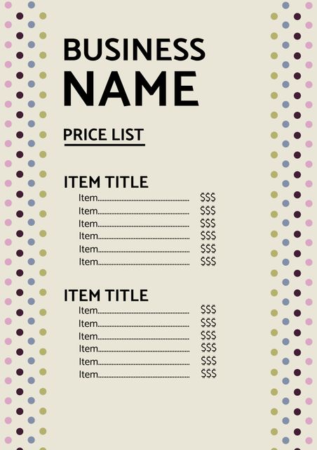 This printable price list template features a lively polka dot border, making it perfect for a variety of businesses looking to display their pricing in a fun and appealing way. Easily customizable with your business name and item titles, this template offers a clear, organized format that is ideal for service-based businesses, cafes, stores, and event planners. It can be used digitally or printed out for physical menus or price displays.