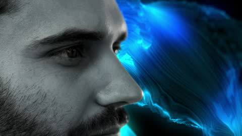Close-up of Man's Face with Futuristic Digital Light Trails