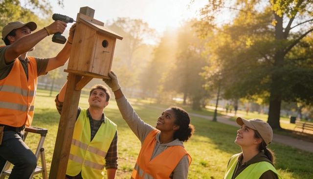 Volunteers installing wooden birdhouse in park at golden hour community conservation