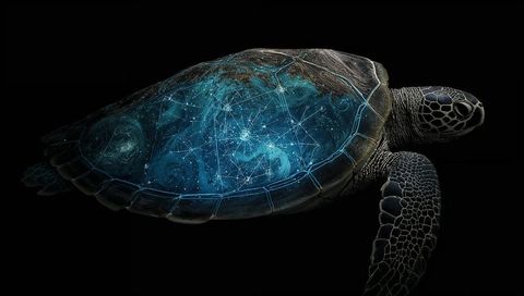 Glowing sea turtle floating in void with bioluminescent cosmic shell and star nebula