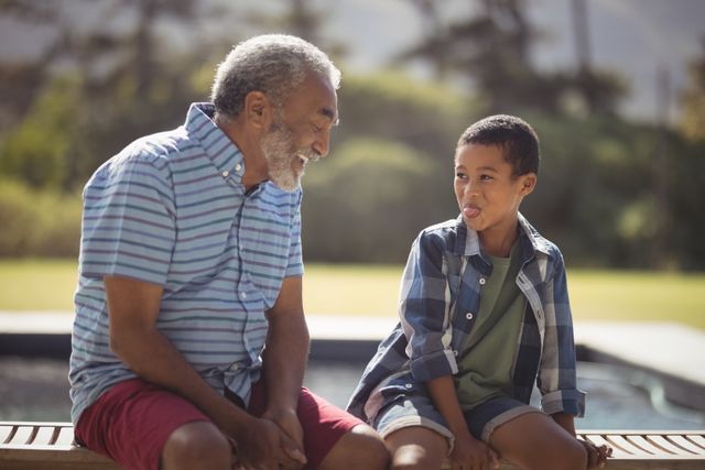 Grandfather and grandson sitting outdoors on a sunny day, making funny faces at each other. Ideal for use in family-oriented advertisements, articles about multi-generational relationships, or promotional materials for summer activities and family bonding.