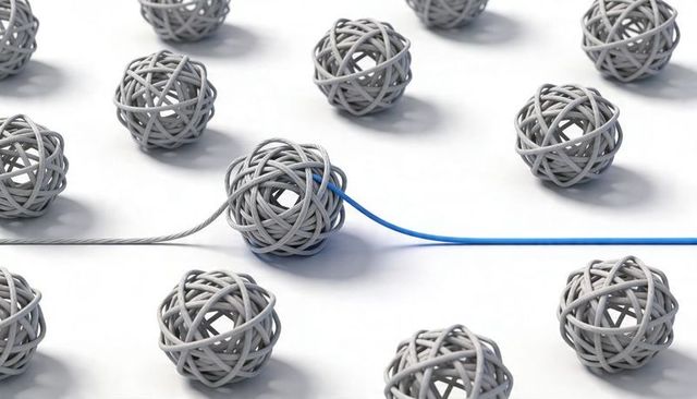 Blue cable connecting gray woven spheres concept of network, connection, and contrast