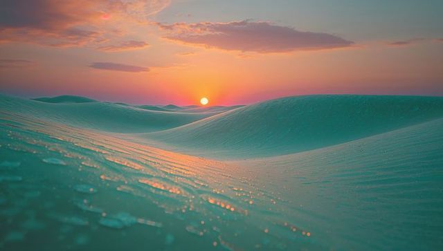 Rolling turquoise sand dunes at sunset with rippled patterns and glinting grains