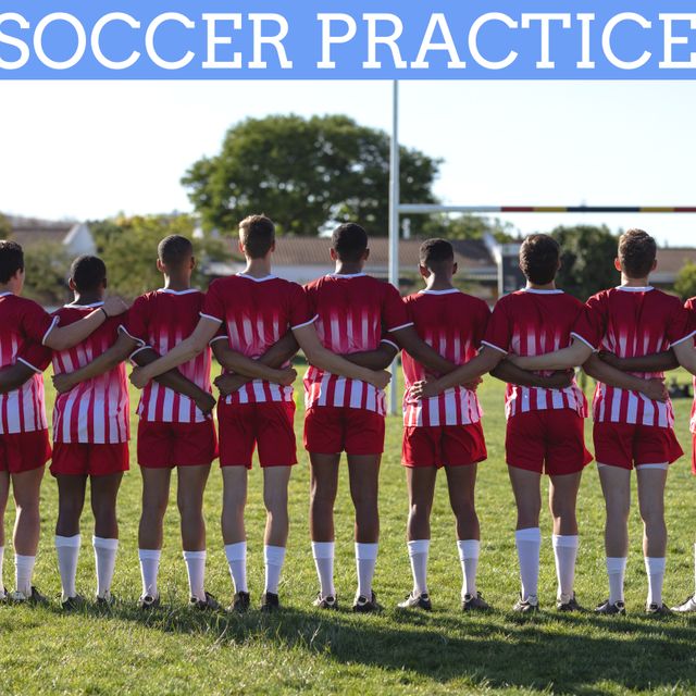 Square image of soccer practice and back view of team of diverse men holding hands. Soccer, sport, training and practice concept.