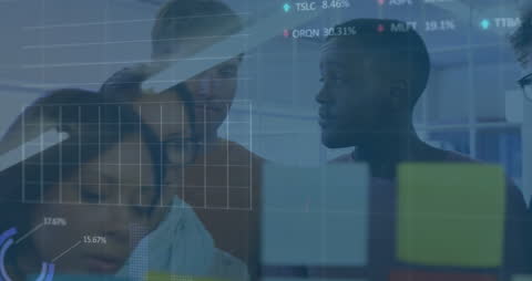 Diverse Team Discussing Strategy with Overlayed Financial Data