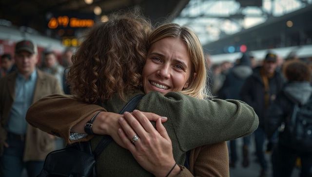 Emotional reunion hugging at busy train station woman smiling tearfully showing ring in transit