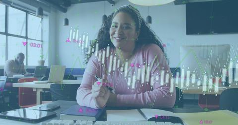 Data Analyst on Virtual Meeting with Digital Graphics Overlay