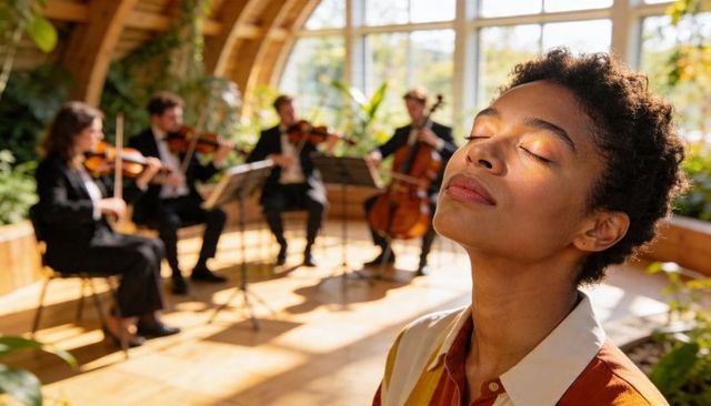 Young woman basking in sunlight while chamber quartet plays in glass conservatory