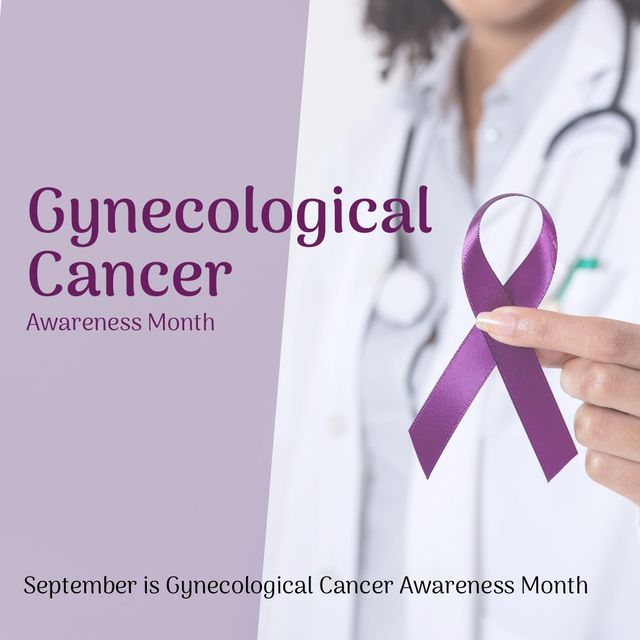 Graphic design highlighting Gynecological Cancer Awareness Month with a female doctor holding a purple ribbon. Useful for medical institutions, health campaigns, and social media advocacy to promote women's health and cancer prevention. Ideal for posters, brochures, and digital content.