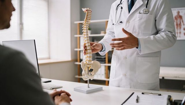 Doctor explaining spinal anatomy with spine model during patient consultation
