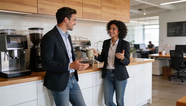 Coworkers chatting over coffee in modern office kitchen wearing blazers casual networking