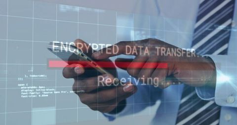 Business professional sending encrypted data via smartphone