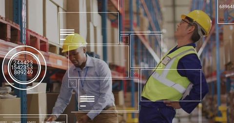 Warehouse workers scanning inventory with hud overlays and safety helmets