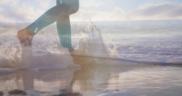 Woman Running on Beach at Sunrise with Ocean Waves Splashing - Download Free Stock Images Pikwizard.com