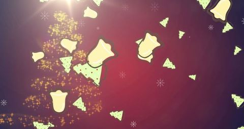 Falling Bells and Trees on Red Festive Backdrop