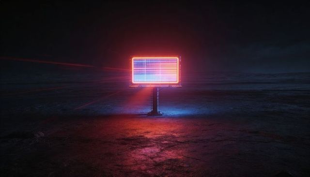 Vertical neon billboard powering on casting red blue glow over desolate salt flat night cyberpunk