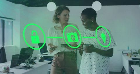 Women collaborating with AR security, camera and idea icons in modern office workspace