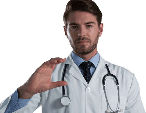 Male doctor holding pretend invisible object transparent background