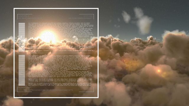 Display of digital interfaces layered over a picturesque cloud-filled sky offers futuristic tech vibe. Suitable for illustrating global data analytics or AI themes, as well as enhancing content about cloud computing and financial technology advancements.