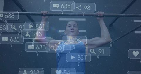 Determined Woman Pulling Up with Digital Social Media Overlay