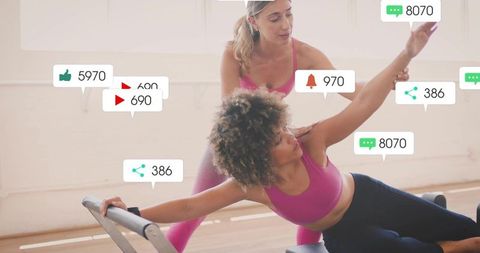 Live pilates trainer coaching client on reformer bench with real-time social overlays