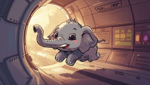 Floating baby elephant drifting through starship corridor warm backlight cartoon