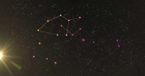 Glowing Constellation Network with Colored Nodes, Thin Lines and Starburst Night Sky