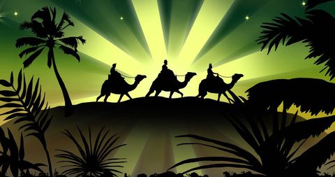 Three wise men journey through tropical scenery