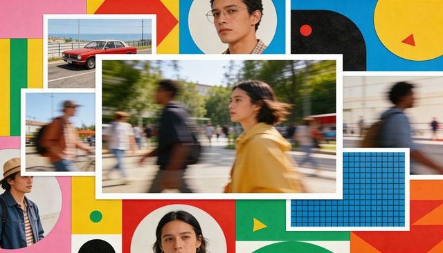 Walking student in yellow jacket crossing sunny campus plaza, motion-blur collage portraits