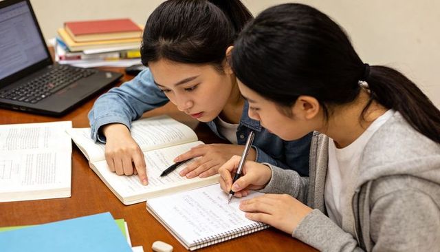 Two students collaborating on study notes at desk with laptop, textbooks and notebook