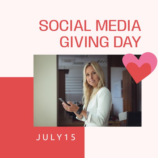 Smiling Woman Promoting Social Media Giving Day with Smartphone - Download Free Stock Templates Pikwizard.com